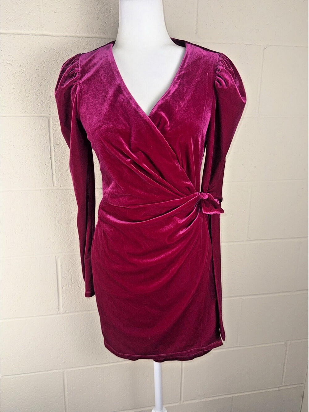 LUSH Magenta Pink Velour Velvet Wrap Dress Puff Sleeve Size Med. Party Dopamine
